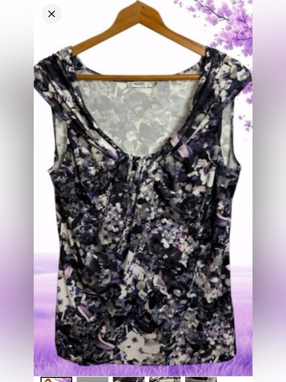 👛 (ANY 2/$20) RICKI’S Cap Sleeve Ruched Knot Purple-White-Pink Floral Cowl Top M